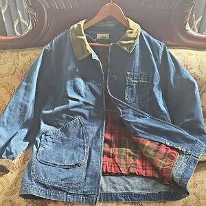 L.L. Bean Blue and Red Jean Jacket with Plaid Lining